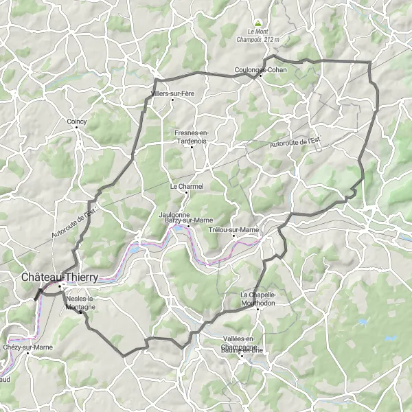 Miniature de la carte de l'inspiration cycliste "Parcours des Coteaux de la Marne" dans la Picardie, France. Générée par le planificateur d'itinéraire cycliste Tarmacs.app
