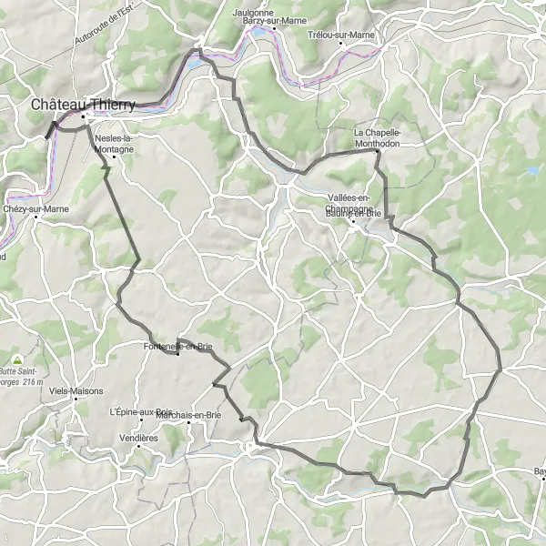 Map miniature of "Scenic Road Cycling Loop near Essômes-sur-Marne" cycling inspiration in Picardie, France. Generated by Tarmacs.app cycling route planner