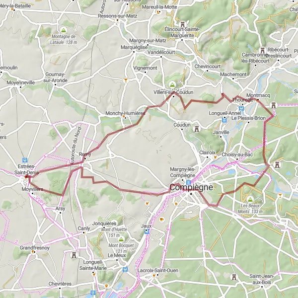 Miniature de la carte de l'inspiration cycliste "Les Chemins de l'Aronde" dans la Picardie, France. Générée par le planificateur d'itinéraire cycliste Tarmacs.app