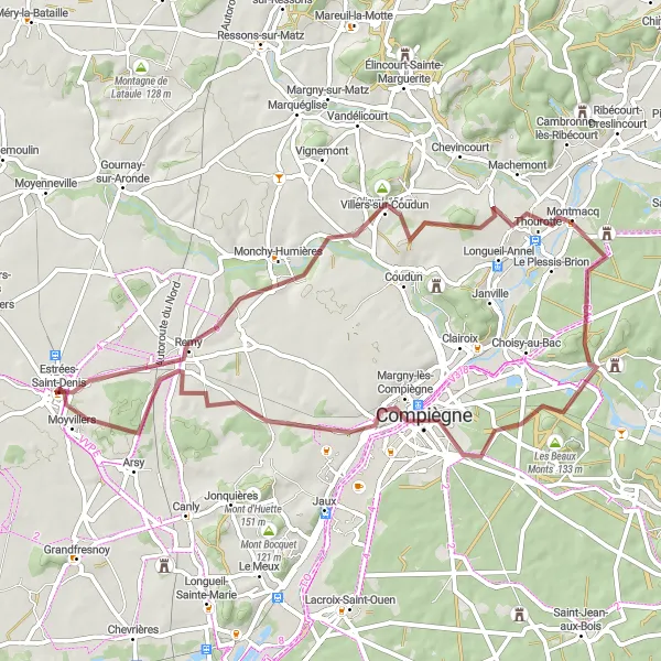 Map miniature of "Exploring Gravel Paths Around Estrées-Saint-Denis" cycling inspiration in Picardie, France. Generated by Tarmacs.app cycling route planner