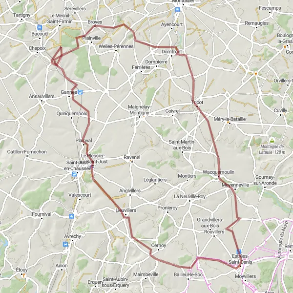 Miniature de la carte de l'inspiration cycliste "Les Vallées du Thérain" dans la Picardie, France. Générée par le planificateur d'itinéraire cycliste Tarmacs.app