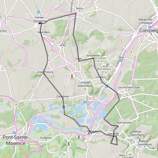 Miniature de la carte de l'inspiration cycliste "Parcours panoramique de l'Oise" dans la Picardie, France. Générée par le planificateur d'itinéraire cycliste Tarmacs.app