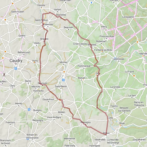 Miniature de la carte de l'inspiration cycliste "Parcours des Vallons Secrets" dans la Picardie, France. Générée par le planificateur d'itinéraire cycliste Tarmacs.app