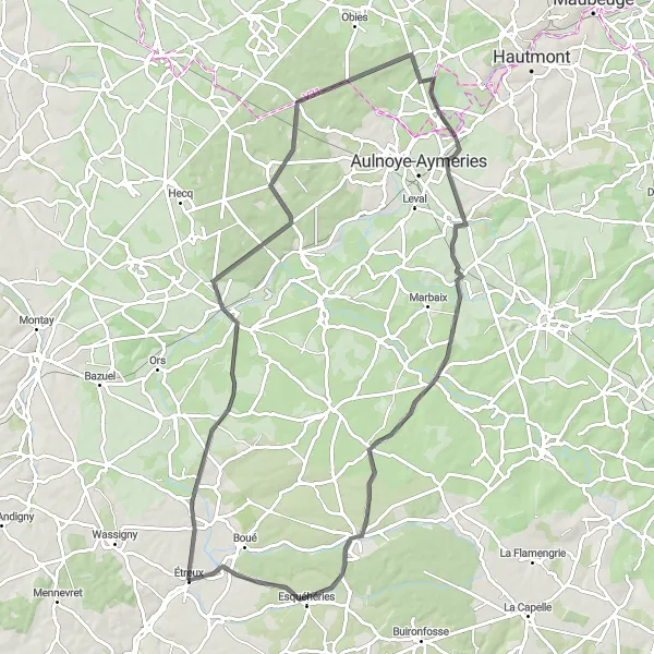 Miniature de la carte de l'inspiration cycliste "Escapade dans l'Avesnois" dans la Picardie, France. Générée par le planificateur d'itinéraire cycliste Tarmacs.app