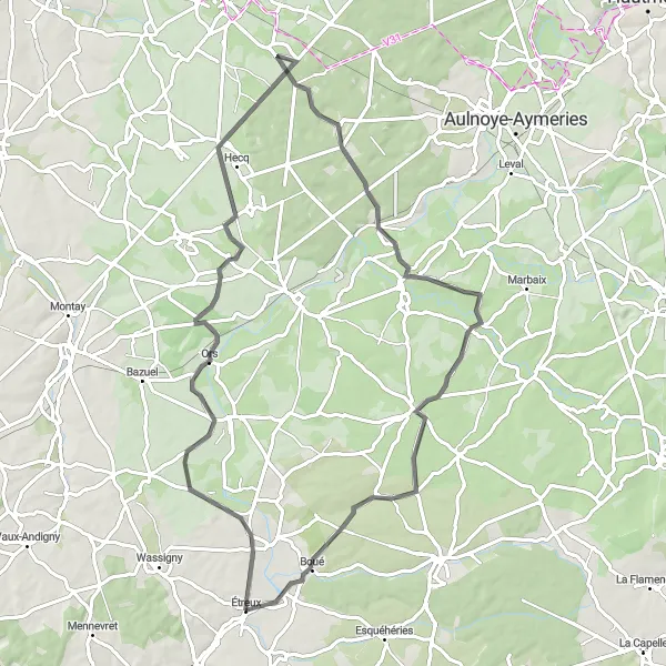 Map miniature of "From Étreux to Rejet-de-Beaulieu" cycling inspiration in Picardie, France. Generated by Tarmacs.app cycling route planner