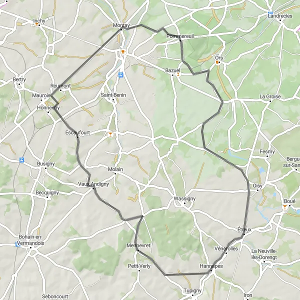 Miniature de la carte de l'inspiration cycliste "Boucle des Collines Verdoyantes" dans la Picardie, France. Générée par le planificateur d'itinéraire cycliste Tarmacs.app