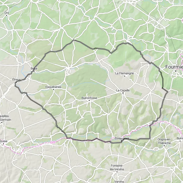 Miniature de la carte de l'inspiration cycliste "Circuit des Villages de Thiérache" dans la Picardie, France. Générée par le planificateur d'itinéraire cycliste Tarmacs.app