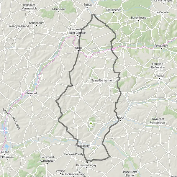 Map miniature of "The Thiérache Challenge" cycling inspiration in Picardie, France. Generated by Tarmacs.app cycling route planner