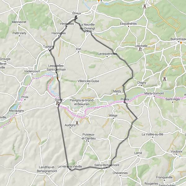 Miniature de la carte de l'inspiration cycliste "Boucle des Châteaux de Thiérache" dans la Picardie, France. Générée par le planificateur d'itinéraire cycliste Tarmacs.app