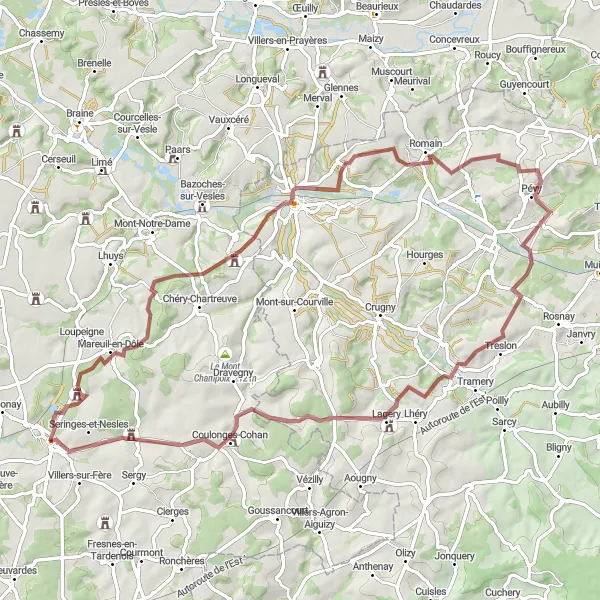 Miniature de la carte de l'inspiration cycliste "Randonnée à travers les Ruines de Fère-en-Tardenois" dans la Picardie, France. Générée par le planificateur d'itinéraire cycliste Tarmacs.app