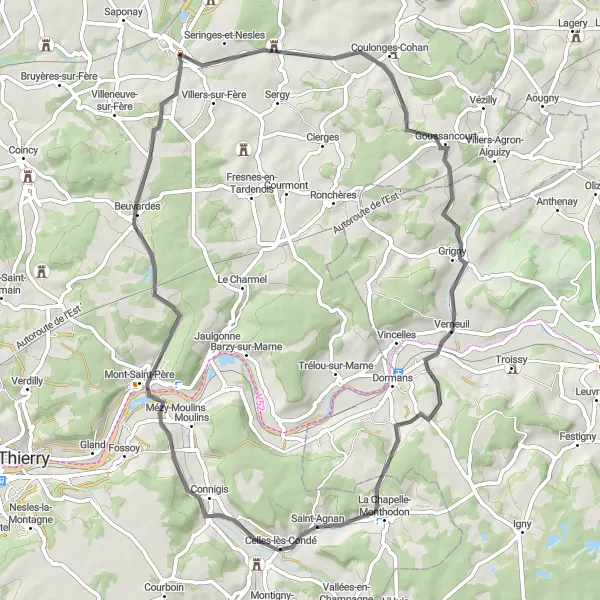 Miniature de la carte de l'inspiration cycliste "Boucle Goussancourt" dans la Picardie, France. Générée par le planificateur d'itinéraire cycliste Tarmacs.app
