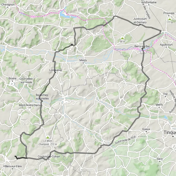 Miniature de la carte de l'inspiration cycliste "Itinéraire Chéry-Chartreuve" dans la Picardie, France. Générée par le planificateur d'itinéraire cycliste Tarmacs.app