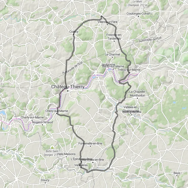 Miniature de la carte de l'inspiration cycliste "Tour des Villages de la Marne" dans la Picardie, France. Générée par le planificateur d'itinéraire cycliste Tarmacs.app