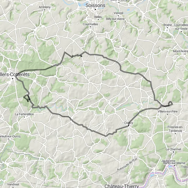 Map miniature of "Hills and Valleys" cycling inspiration in Picardie, France. Generated by Tarmacs.app cycling route planner