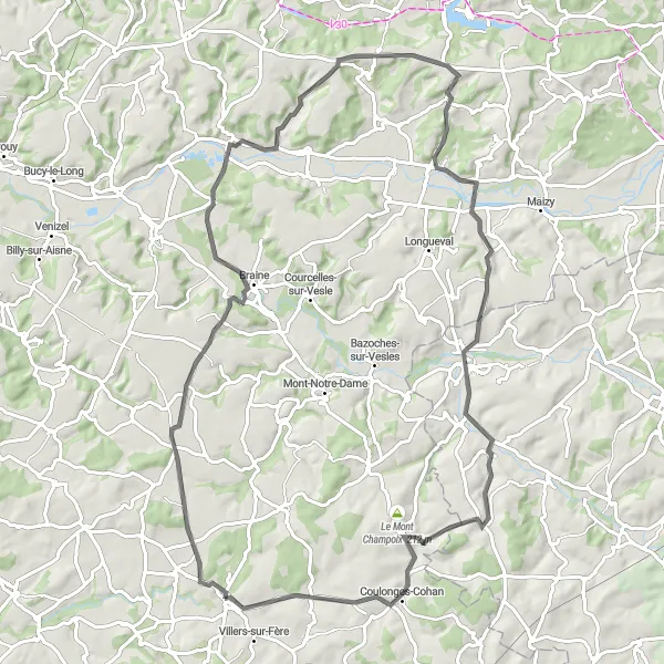 Miniature de la carte de l'inspiration cycliste "Escapade Cycliste à Fère-en-Tardenois" dans la Picardie, France. Générée par le planificateur d'itinéraire cycliste Tarmacs.app