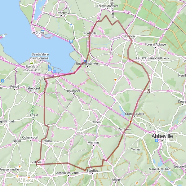 Miniature de la carte de l'inspiration cycliste "Circuit de gravel à travers Noyelles-sur-Mer" dans la Picardie, France. Générée par le planificateur d'itinéraire cycliste Tarmacs.app