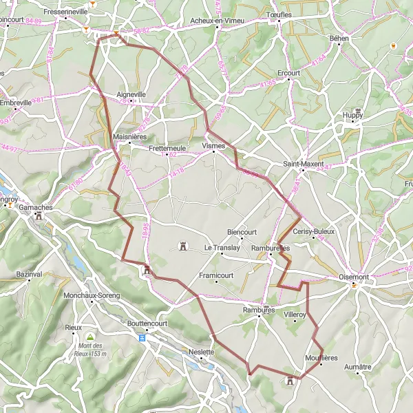 Miniature de la carte de l'inspiration cycliste "Randonnée de gravel autour de Feuquières-en-Vimeu" dans la Picardie, France. Générée par le planificateur d'itinéraire cycliste Tarmacs.app
