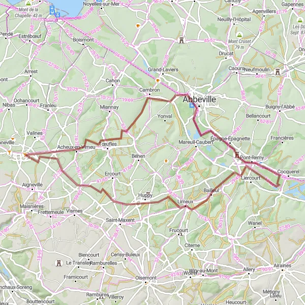 Miniature de la carte de l'inspiration cycliste "Parcours de gravel vers Le Café du Renard" dans la Picardie, France. Générée par le planificateur d'itinéraire cycliste Tarmacs.app