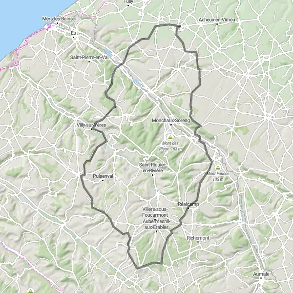 Miniature de la carte de l'inspiration cycliste "Circuit pittoresque autour de Feuquières-en-Vimeu" dans la Picardie, France. Générée par le planificateur d'itinéraire cycliste Tarmacs.app
