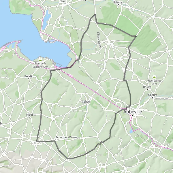 Map miniature of "Exploring the Vimeu and Tours Valleys" cycling inspiration in Picardie, France. Generated by Tarmacs.app cycling route planner