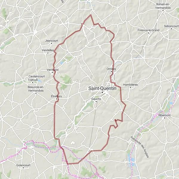 Map miniature of "The Valley Discovery" cycling inspiration in Picardie, France. Generated by Tarmacs.app cycling route planner