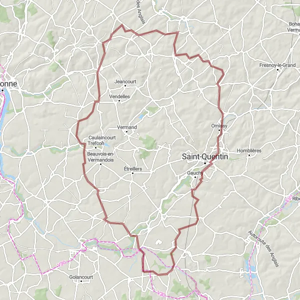 Map miniature of "Flavy-le-Martel Short Gravel Loop" cycling inspiration in Picardie, France. Generated by Tarmacs.app cycling route planner