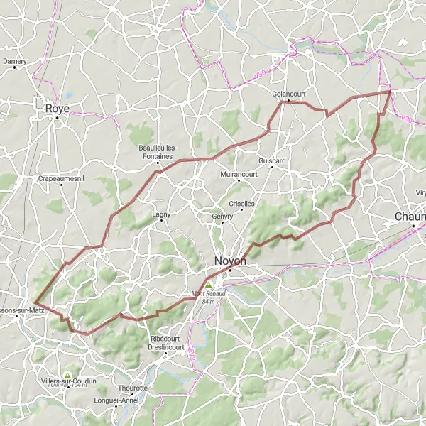 Miniature de la carte de l'inspiration cycliste "Aventure sur les sentiers de Mont Renaud" dans la Picardie, France. Générée par le planificateur d'itinéraire cycliste Tarmacs.app