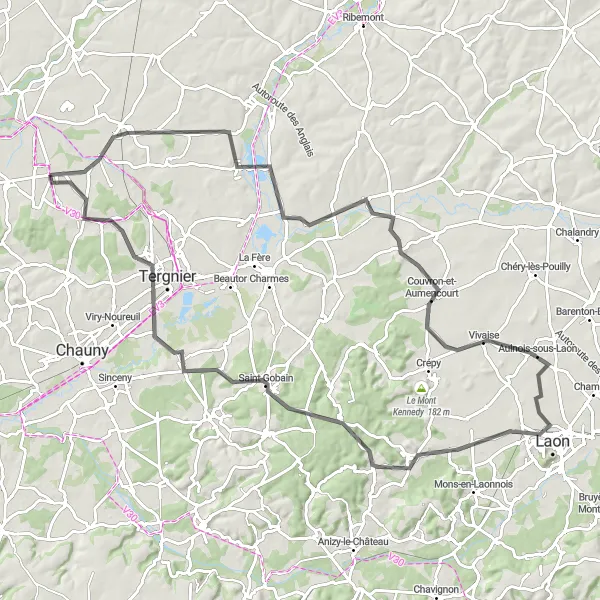 Miniature de la carte de l'inspiration cycliste "Boucle de Laon et ses environs" dans la Picardie, France. Générée par le planificateur d'itinéraire cycliste Tarmacs.app