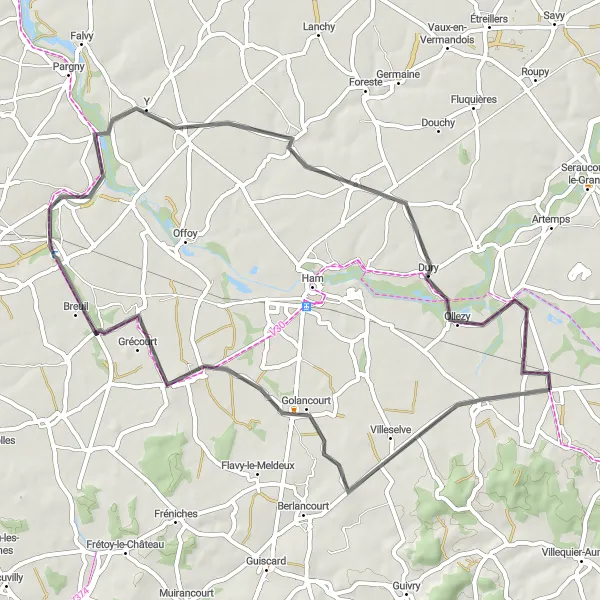 Miniature de la carte de l'inspiration cycliste "La Boucle des Villages de Somme" dans la Picardie, France. Générée par le planificateur d'itinéraire cycliste Tarmacs.app