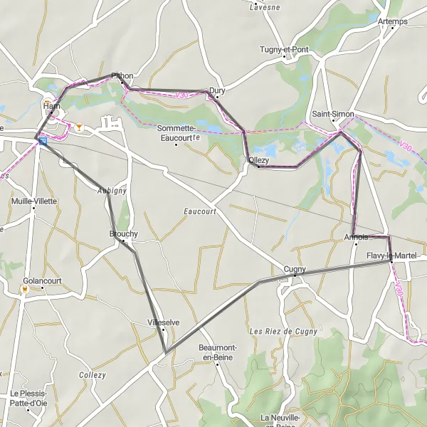 Miniature de la carte de l'inspiration cycliste "Tour d'Annois et Cugny" dans la Picardie, France. Générée par le planificateur d'itinéraire cycliste Tarmacs.app