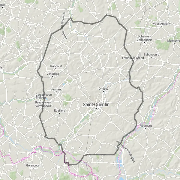 Map miniature of "Flavy-le-Martel to Aubigny-aux-Kaisnes Loop" cycling inspiration in Picardie, France. Generated by Tarmacs.app cycling route planner
