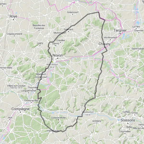 Map miniature of "The Château Circuit" cycling inspiration in Picardie, France. Generated by Tarmacs.app cycling route planner