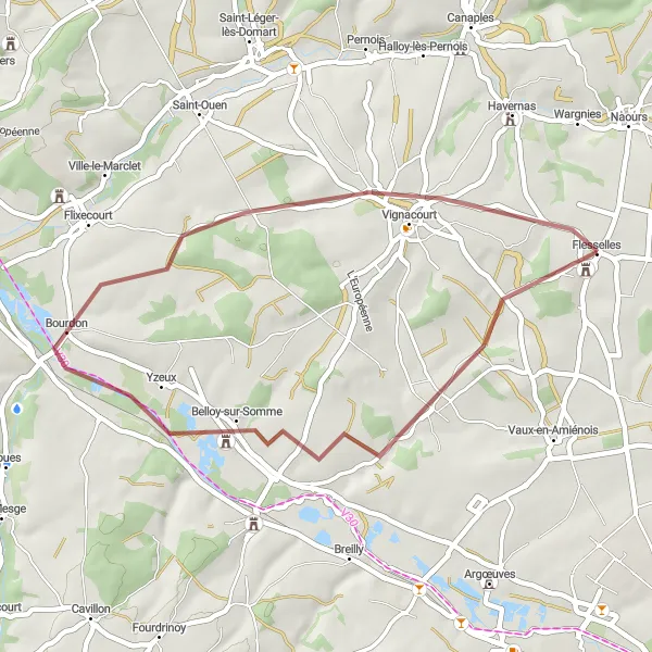 Map miniature of "Belloy-sur-Somme Gravel Loop" cycling inspiration in Picardie, France. Generated by Tarmacs.app cycling route planner