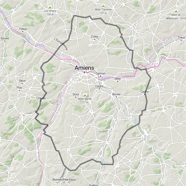 Miniature de la carte de l'inspiration cycliste "La Campagne Amiénoise en Boucle" dans la Picardie, France. Générée par le planificateur d'itinéraire cycliste Tarmacs.app