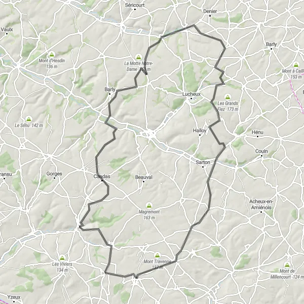 Map miniature of "Rolling Hills and Charming Villages" cycling inspiration in Picardie, France. Generated by Tarmacs.app cycling route planner