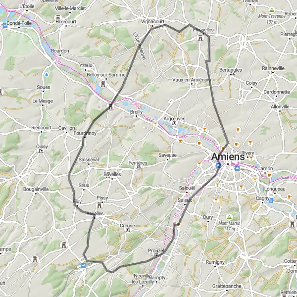 Map miniature of "Exhilarating Ride to Amiens Citadelle" cycling inspiration in Picardie, France. Generated by Tarmacs.app cycling route planner