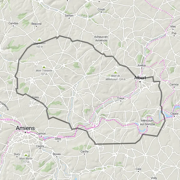 Miniature de la carte de l'inspiration cycliste "Les Villages de la Somme" dans la Picardie, France. Générée par le planificateur d'itinéraire cycliste Tarmacs.app