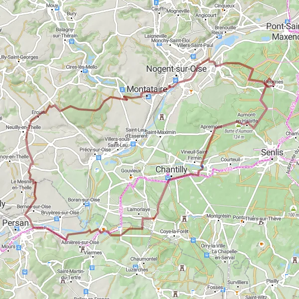 Map miniature of "Chantilly Countryside Gravel Adventure" cycling inspiration in Picardie, France. Generated by Tarmacs.app cycling route planner