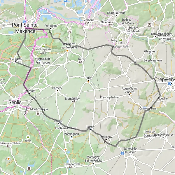 Miniature de la carte de l'inspiration cycliste "Les Abbayes et Châteaux" dans la Picardie, France. Générée par le planificateur d'itinéraire cycliste Tarmacs.app