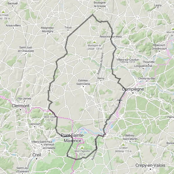 Miniature de la carte de l'inspiration cycliste "Le Circuit des Collines de l'Oise" dans la Picardie, France. Générée par le planificateur d'itinéraire cycliste Tarmacs.app