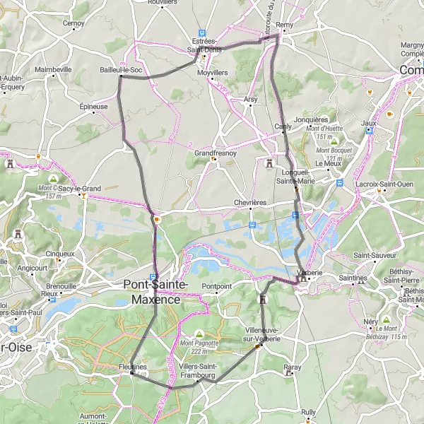 Map miniature of "Scenic Road Loop to Longueil-Sainte-Marie" cycling inspiration in Picardie, France. Generated by Tarmacs.app cycling route planner