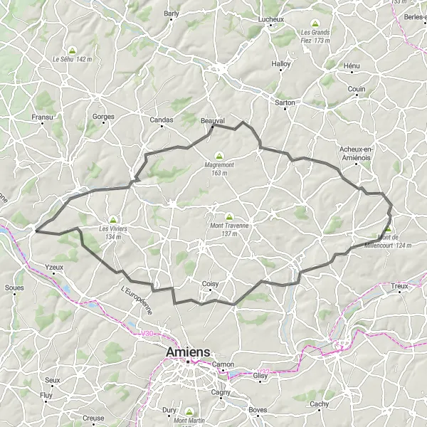 Miniature de la carte de l'inspiration cycliste "Aventure cycliste épique autour de Flixecourt" dans la Picardie, France. Générée par le planificateur d'itinéraire cycliste Tarmacs.app