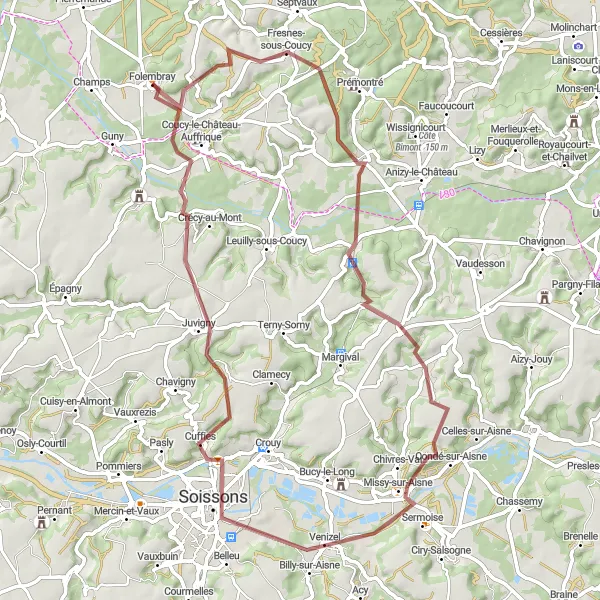 Map miniature of "Brancourt-en-Laonnois Gravel Loop" cycling inspiration in Picardie, France. Generated by Tarmacs.app cycling route planner