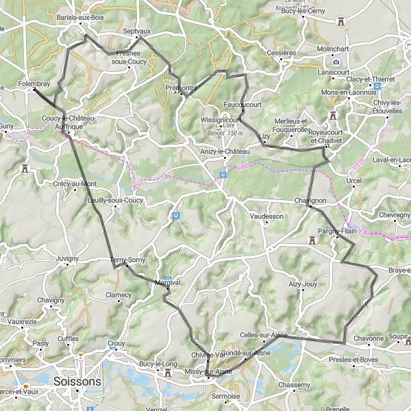 Map miniature of "Barisis-aux-Bois and Coucy-le-Château-Auffrique Exploration" cycling inspiration in Picardie, France. Generated by Tarmacs.app cycling route planner