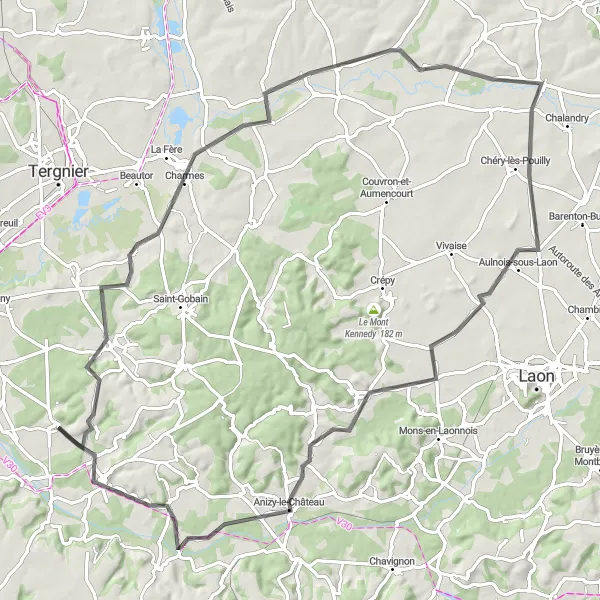 Map miniature of "Barisis-aux-Bois and Coucy-le-Château-Auffrique Loop" cycling inspiration in Picardie, France. Generated by Tarmacs.app cycling route planner