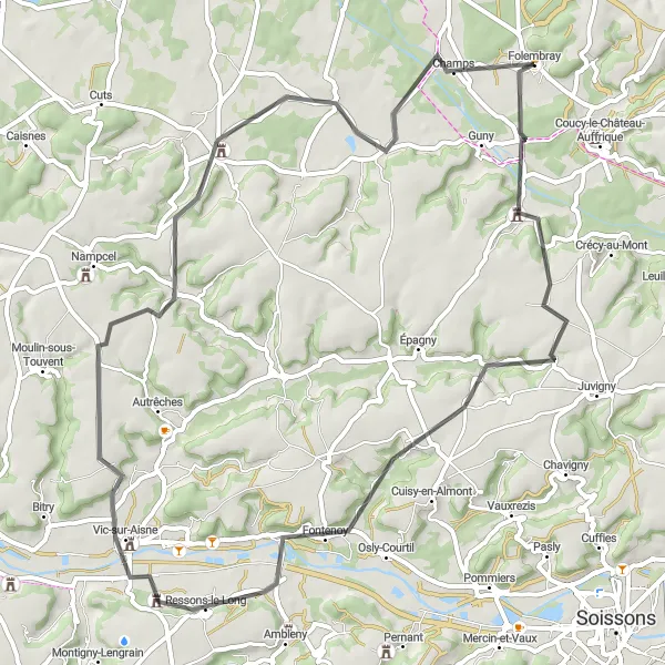 Map miniature of "Pont-Saint-Mard Road Loop" cycling inspiration in Picardie, France. Generated by Tarmacs.app cycling route planner