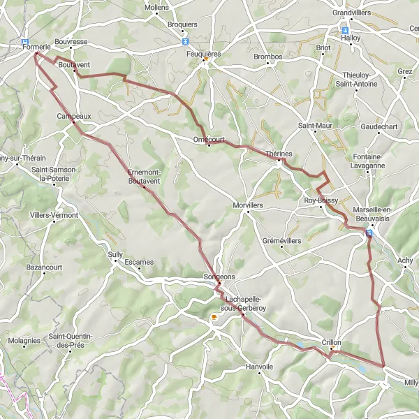 Map miniature of "Omécourt Loop" cycling inspiration in Picardie, France. Generated by Tarmacs.app cycling route planner