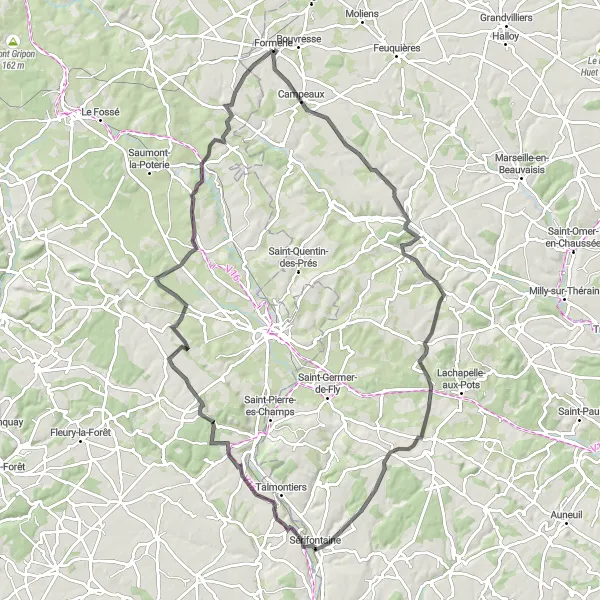 Miniature de la carte de l'inspiration cycliste "Itinéraire sportif autour de Formerie" dans la Picardie, France. Générée par le planificateur d'itinéraire cycliste Tarmacs.app
