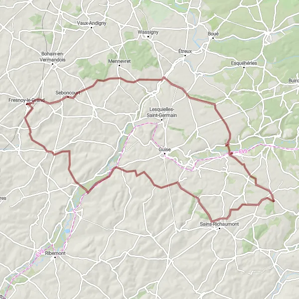 Map miniature of "The Valleys Expedition" cycling inspiration in Picardie, France. Generated by Tarmacs.app cycling route planner