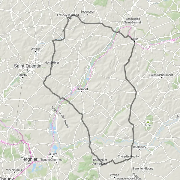 Map miniature of "Étaves-et-Bocquiaux Circuit" cycling inspiration in Picardie, France. Generated by Tarmacs.app cycling route planner